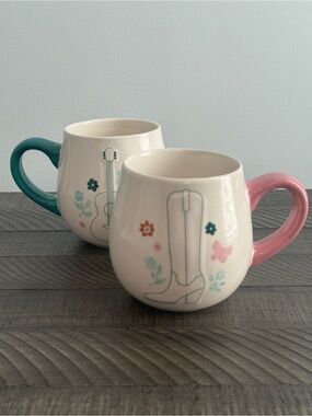 Dolly by Dolly Parton Boot & Guitar Icon Mugs Stoneware 20 oz Pink & Teal